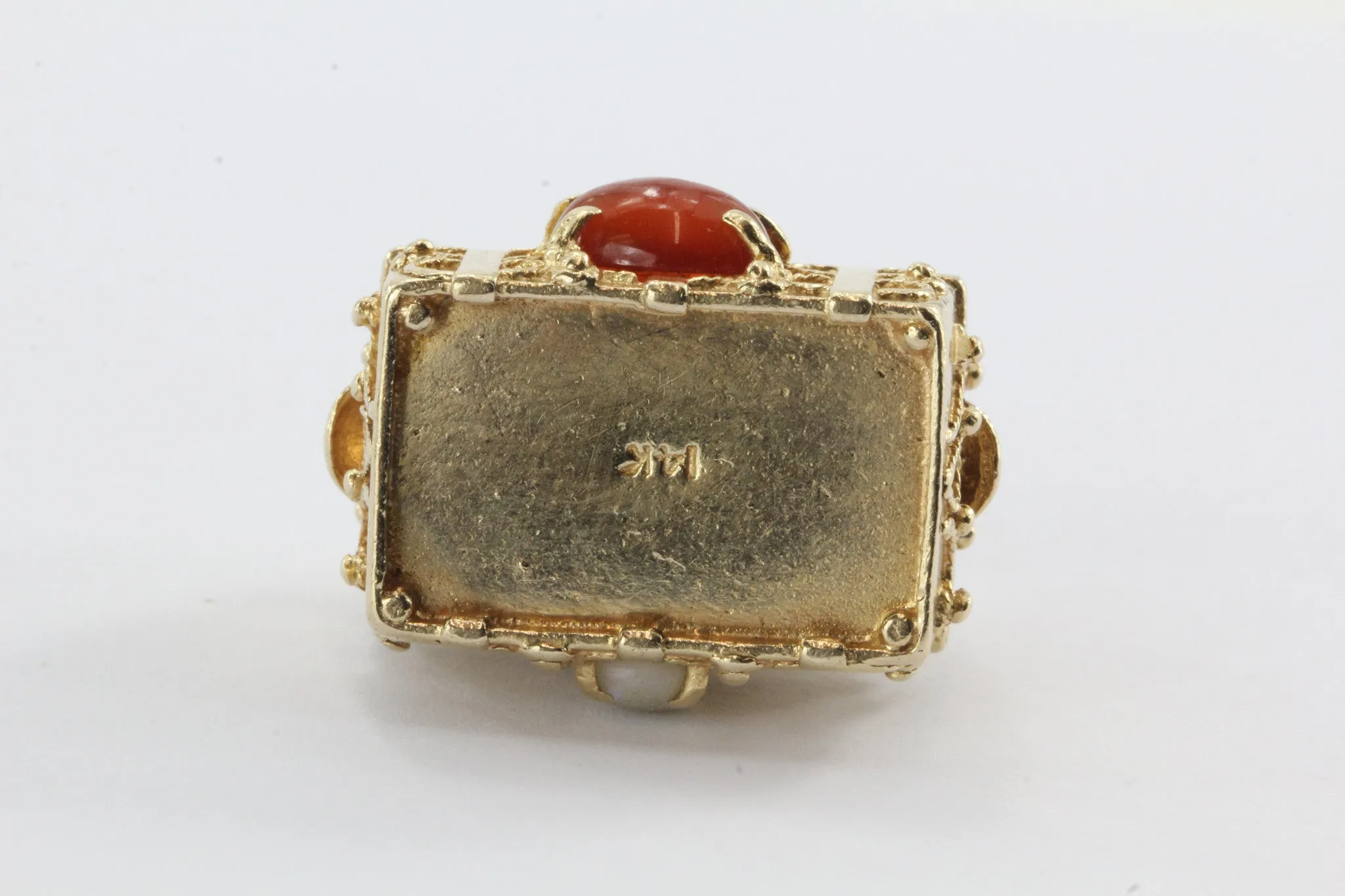 Vintage 14K Gold Gem Stone Studded Etruscan Treasure Chest Pendant Charm