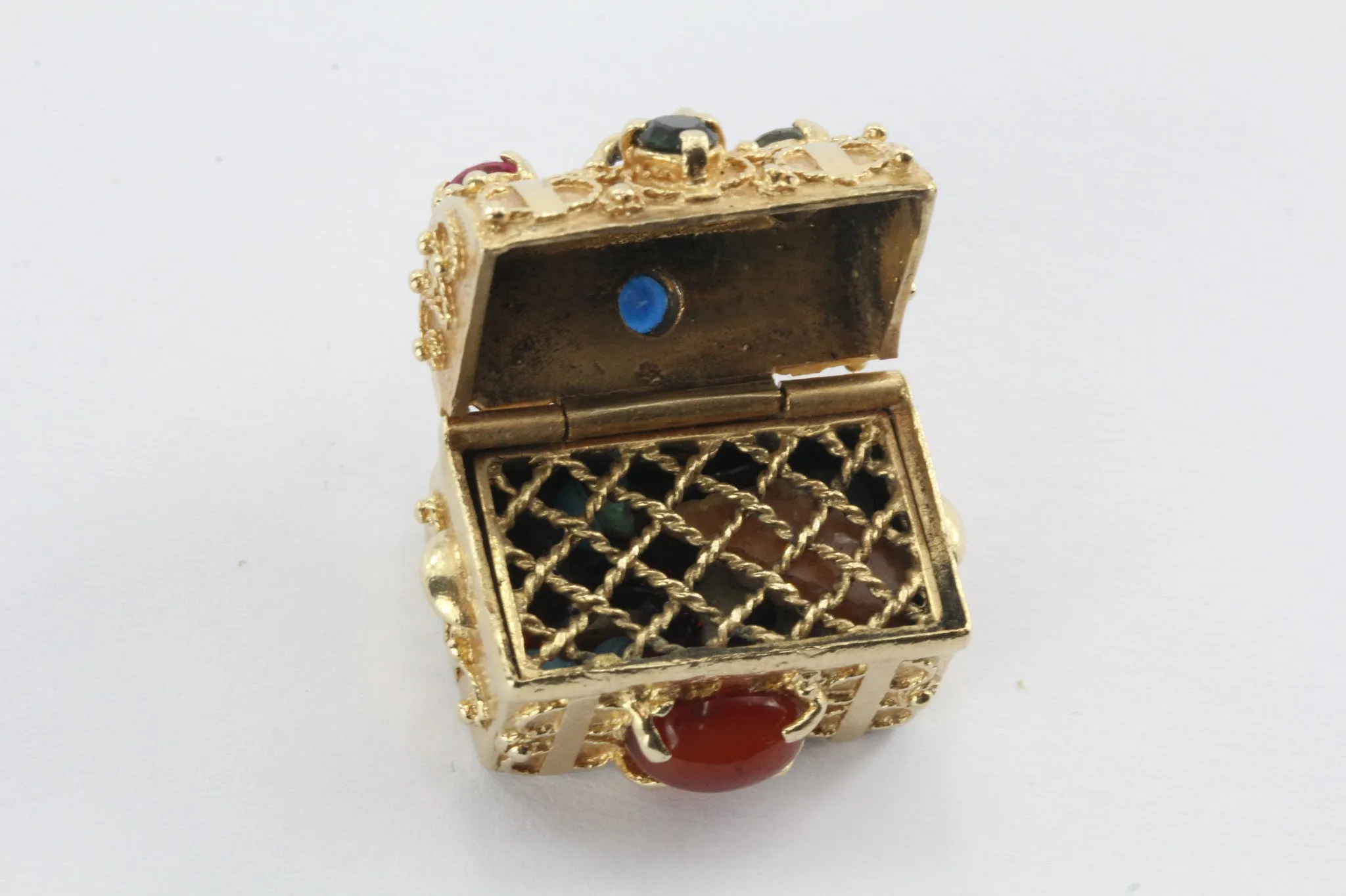 Vintage 14K Gold Gem Stone Studded Etruscan Treasure Chest Pendant Charm