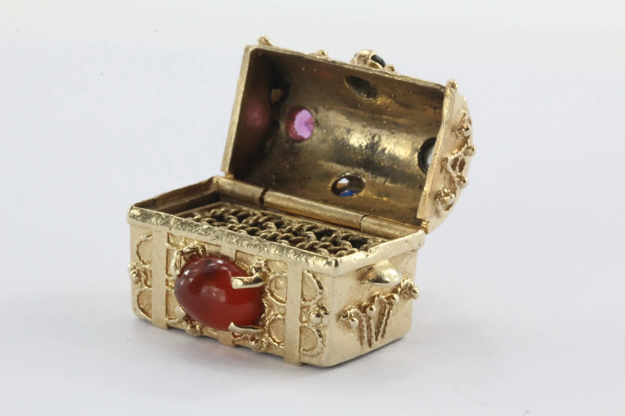 Vintage 14K Gold Gem Stone Studded Etruscan Treasure Chest Pendant Charm