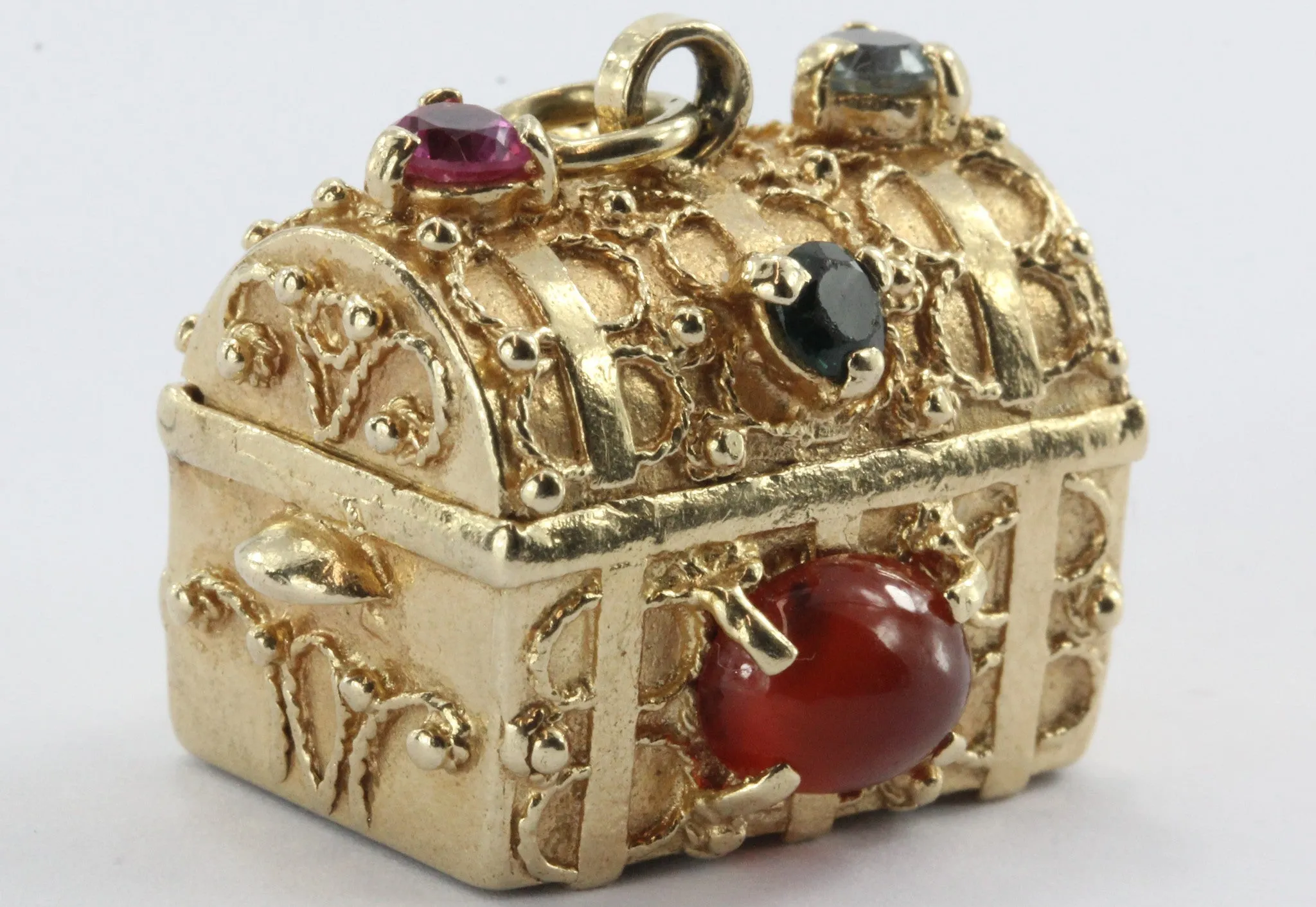 Vintage 14K Gold Gem Stone Studded Etruscan Treasure Chest Pendant Charm