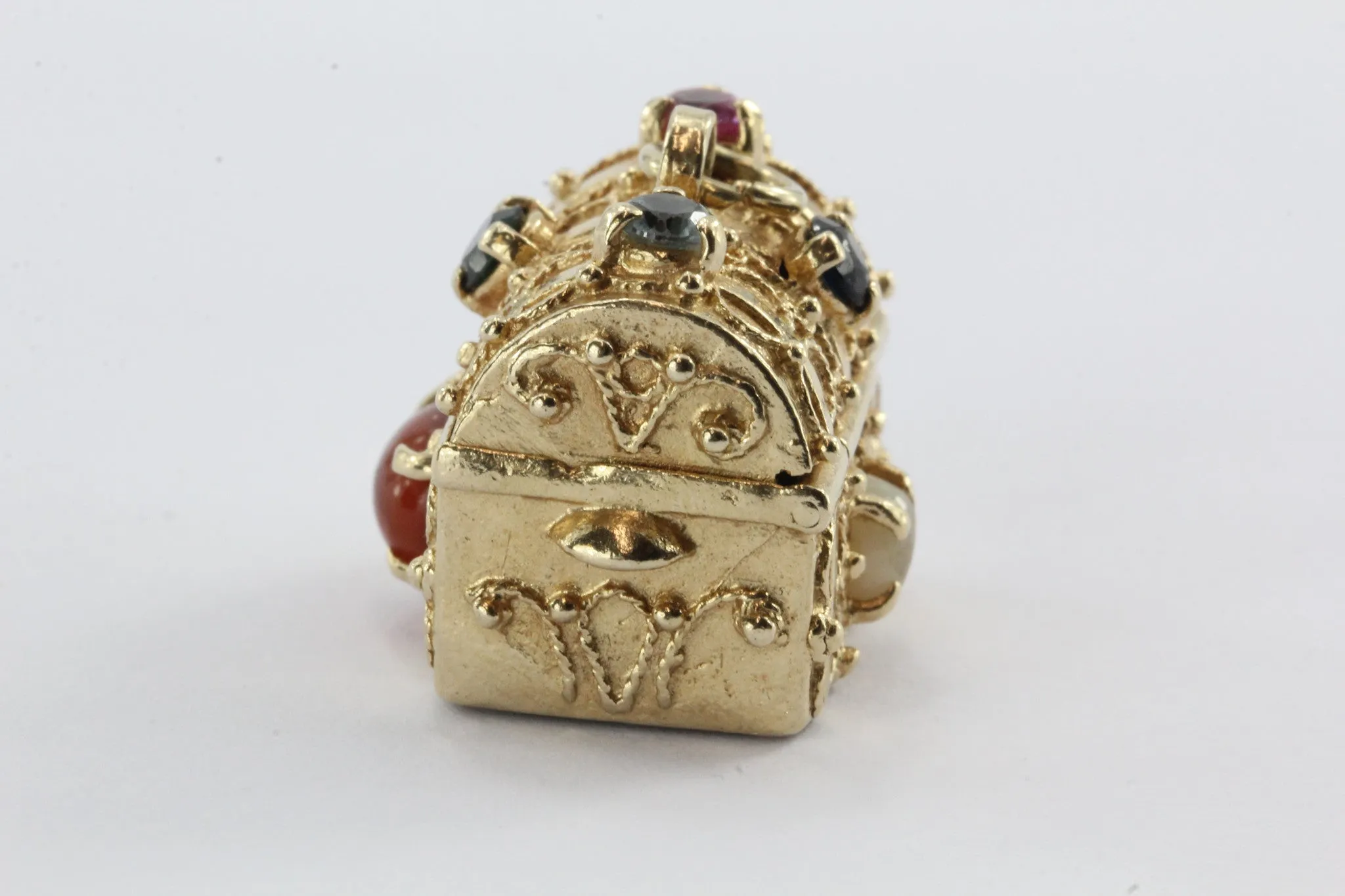 Vintage 14K Gold Gem Stone Studded Etruscan Treasure Chest Pendant Charm