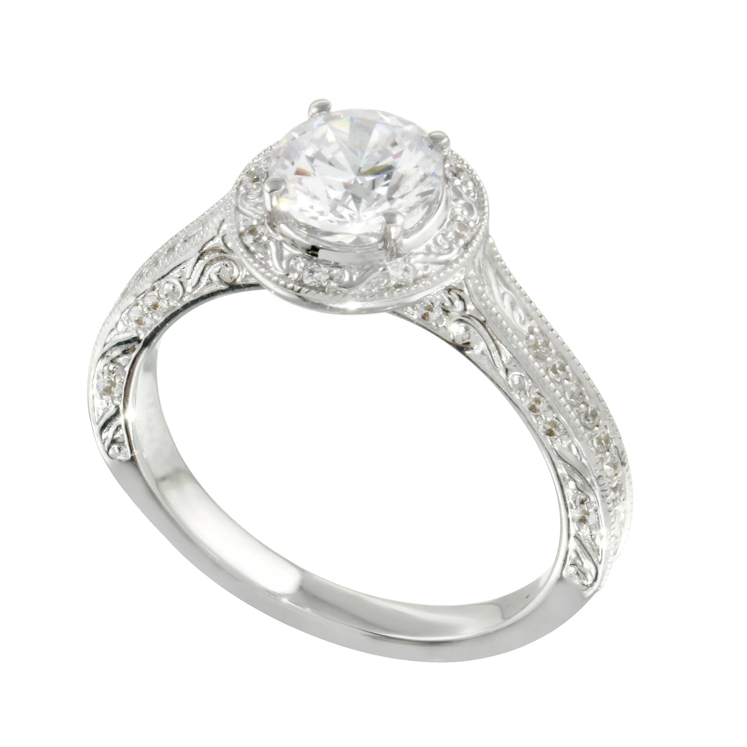 Vintage-Inspired Round Brilliant Cut Diamond Etched Halo Engagement Ring Setting