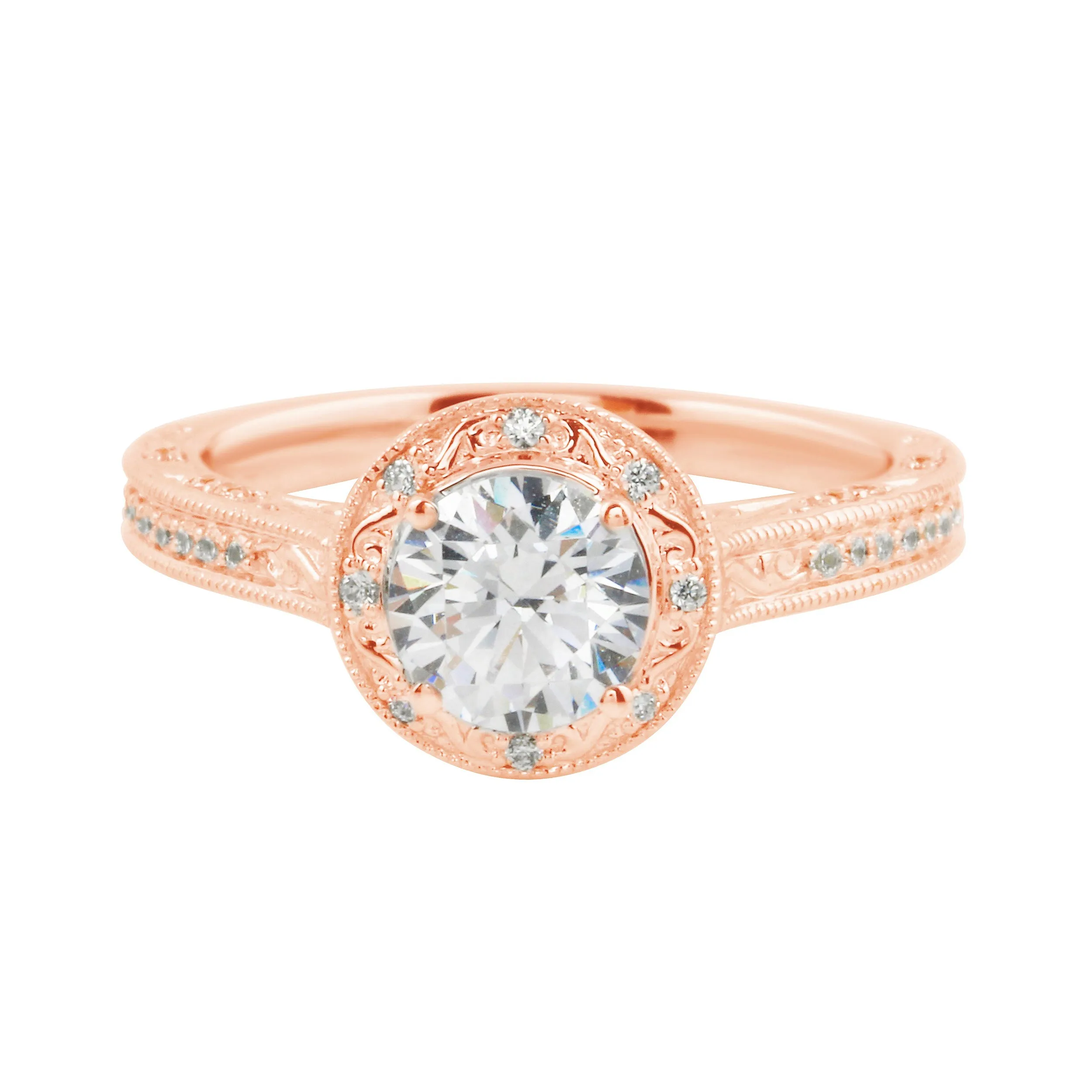 Vintage-Inspired Round Brilliant Cut Diamond Etched Halo Engagement Ring Setting