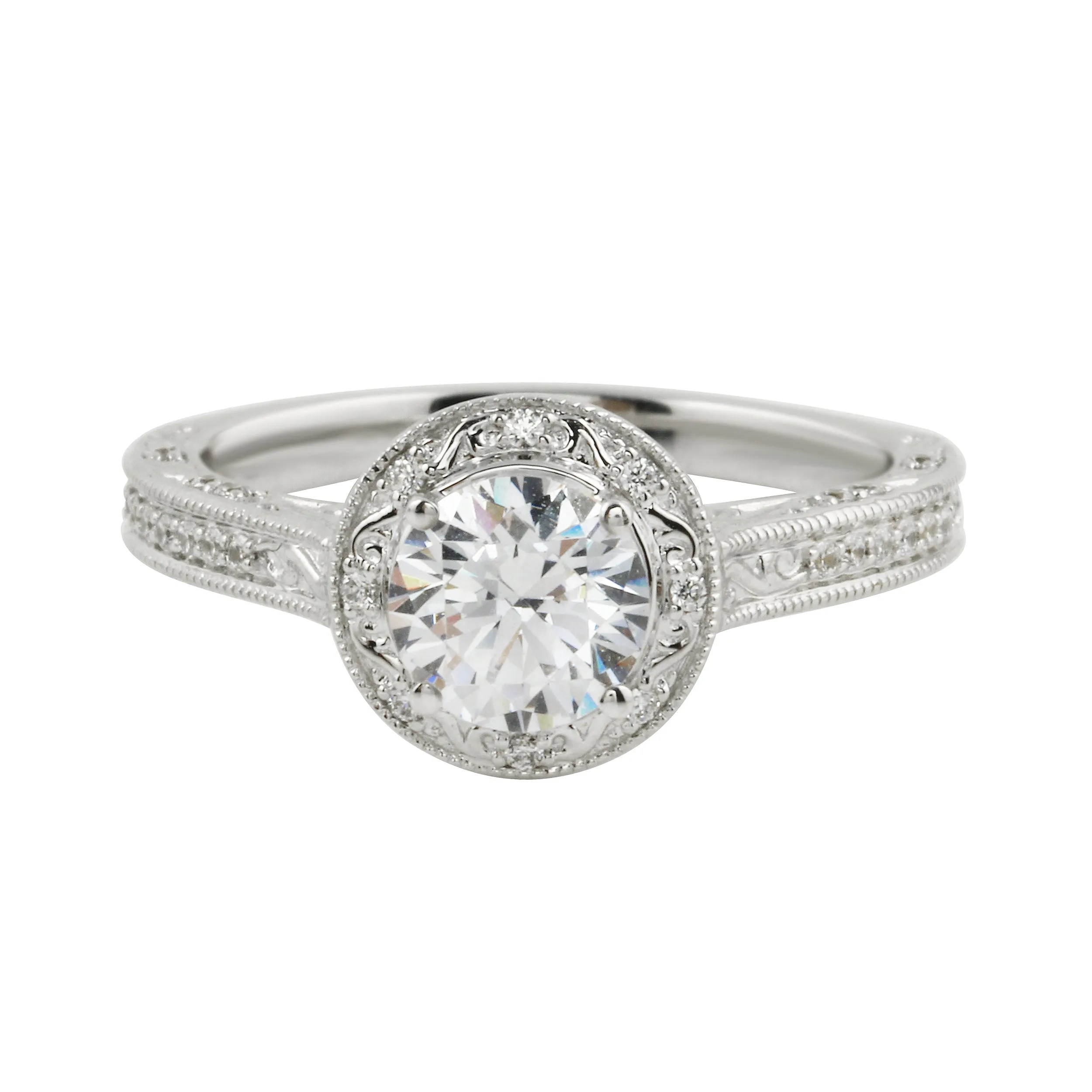 Vintage-Inspired Round Brilliant Cut Diamond Etched Halo Engagement Ring Setting