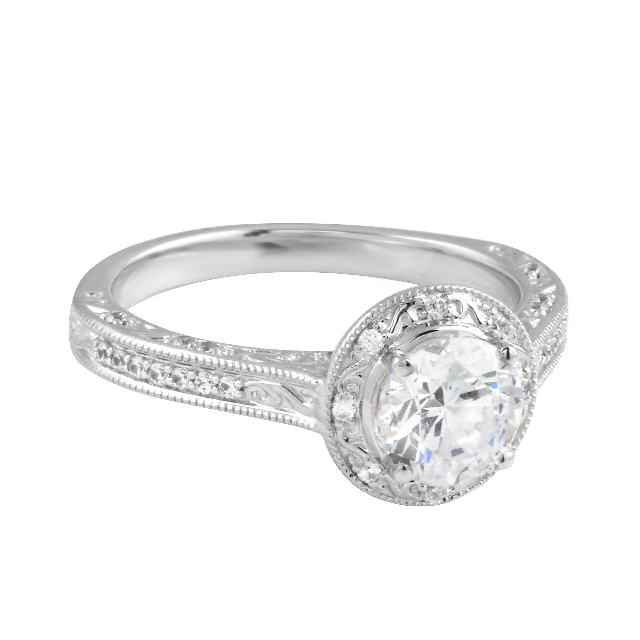 Vintage-Inspired Round Brilliant Cut Diamond Etched Halo Engagement Ring Setting