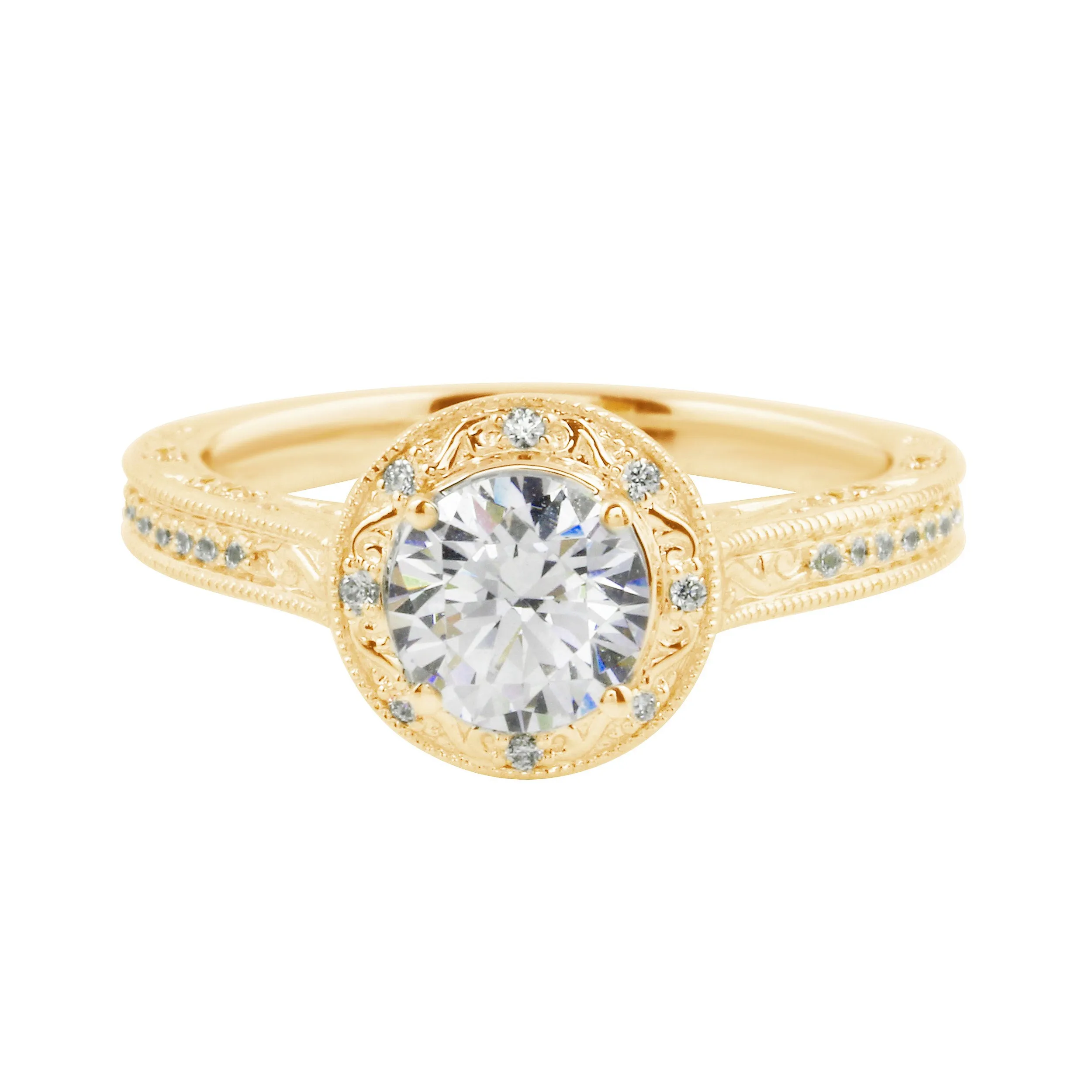 Vintage-Inspired Round Brilliant Cut Diamond Etched Halo Engagement Ring Setting