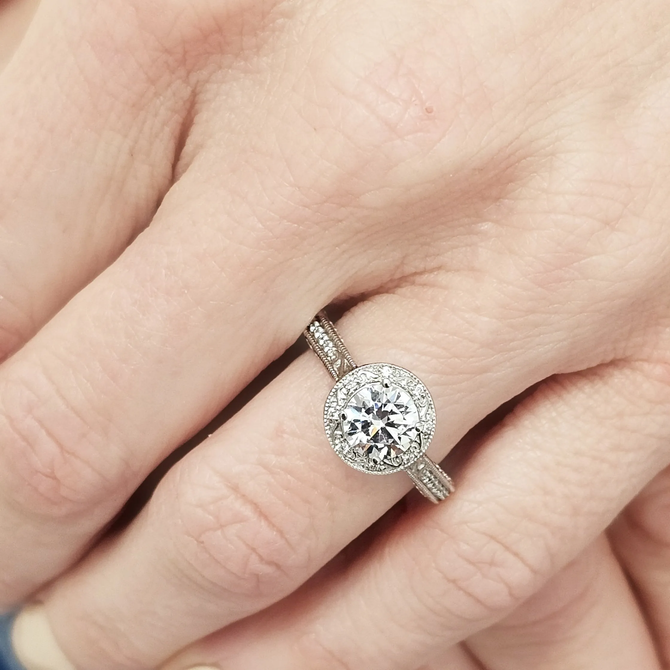 Vintage-Inspired Round Brilliant Cut Diamond Etched Halo Engagement Ring Setting
