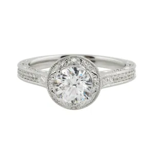 Vintage-Inspired Round Brilliant Cut Diamond Etched Halo Engagement Ring Setting