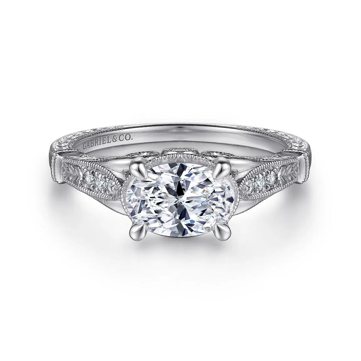 Vintage Inspired Two tone Horizontal Oval Diamond Engagement Ring Mounting