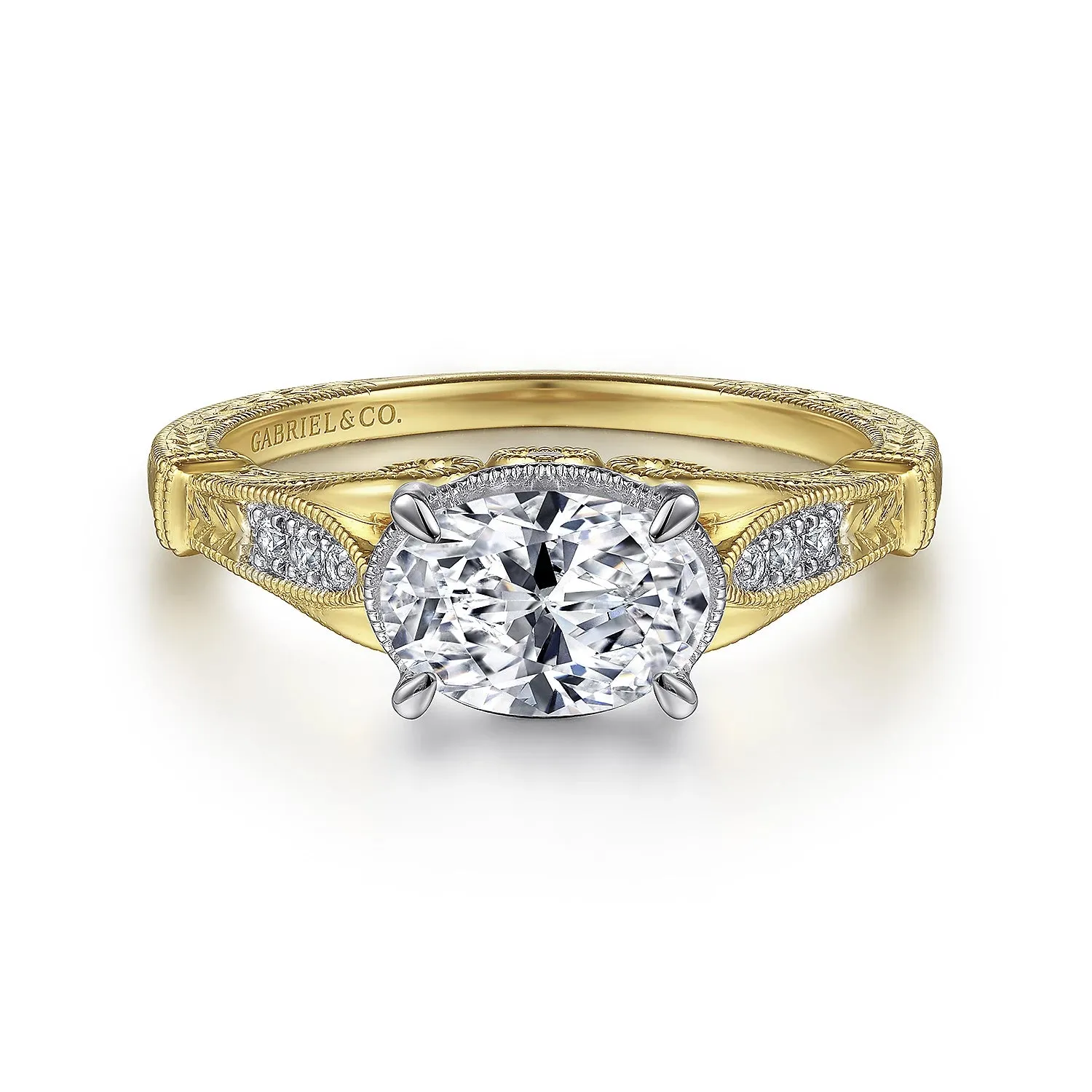 Vintage Inspired Two tone Horizontal Oval Diamond Engagement Ring Mounting