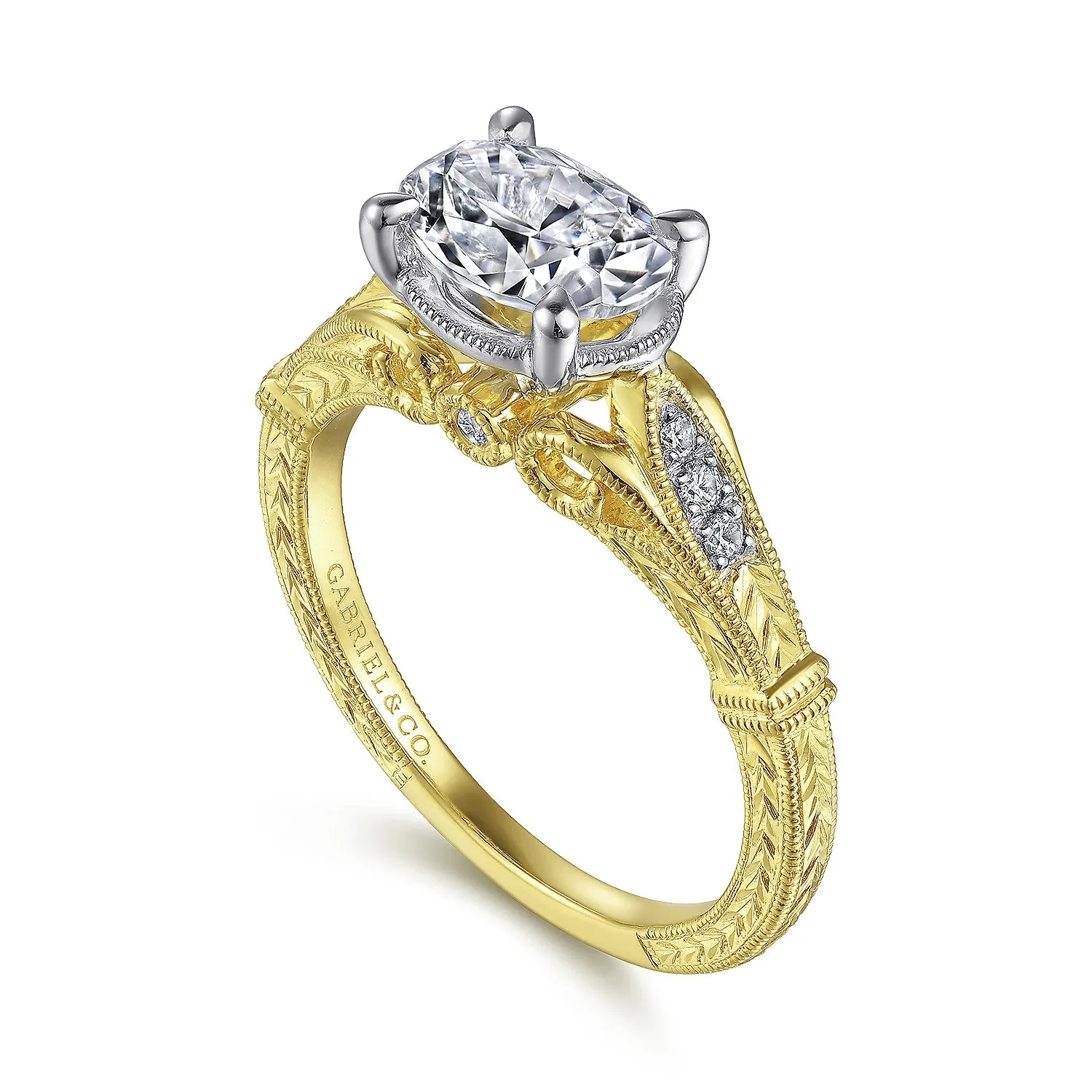 Vintage Inspired Two tone Horizontal Oval Diamond Engagement Ring Mounting