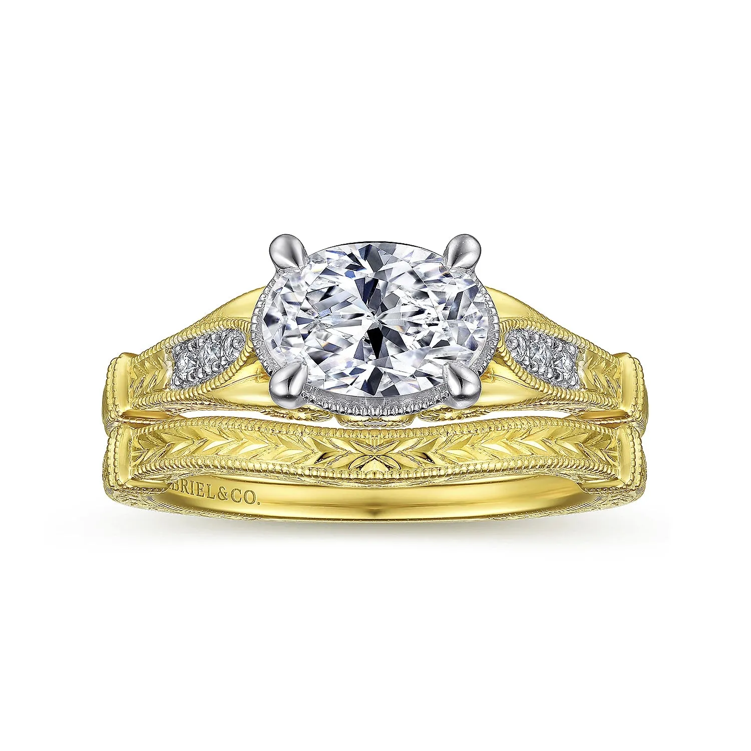Vintage Inspired Two tone Horizontal Oval Diamond Engagement Ring Mounting