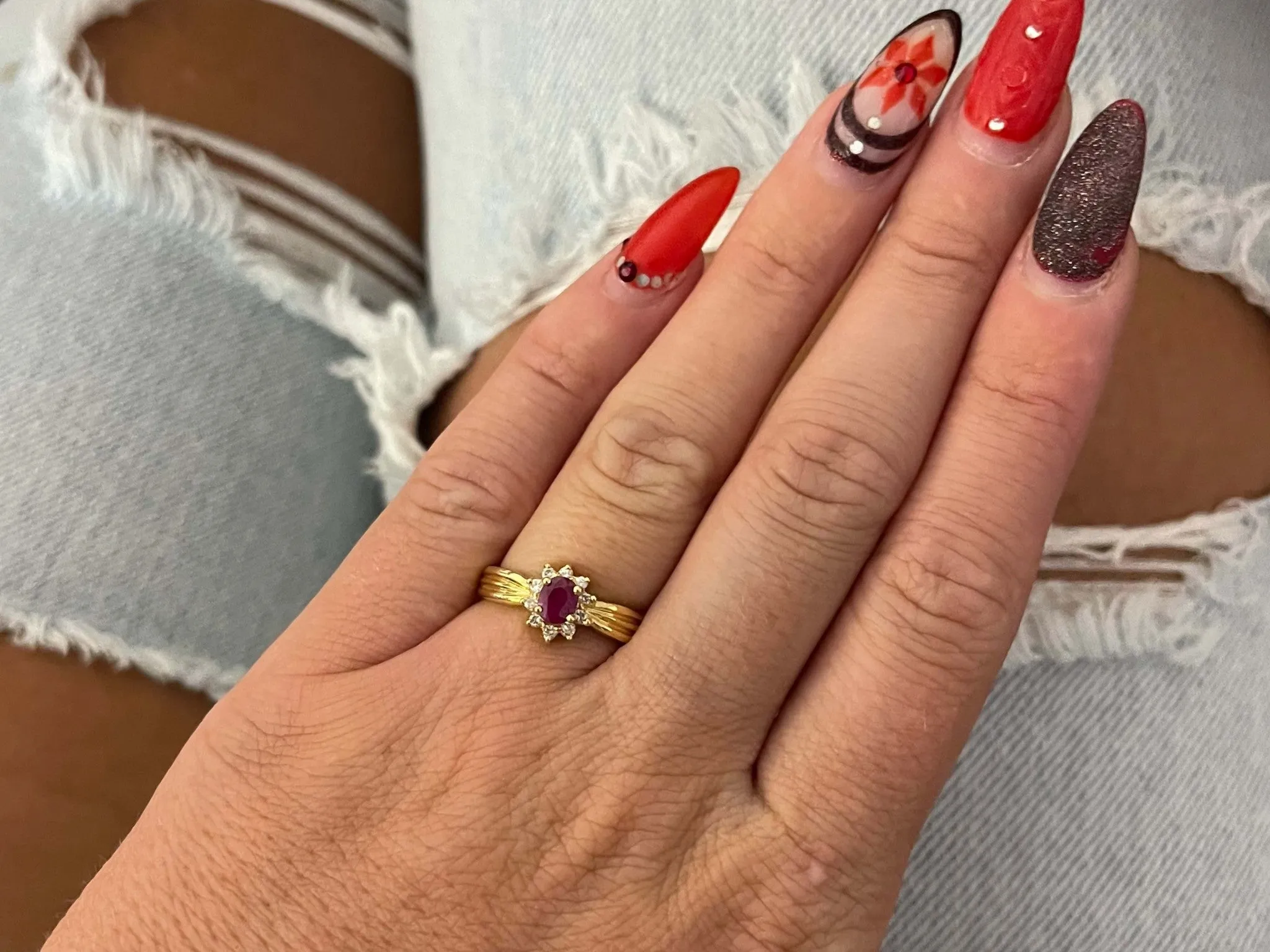 Vintage Ruby and Diamond Flower Ring in 14k Yellow Gold