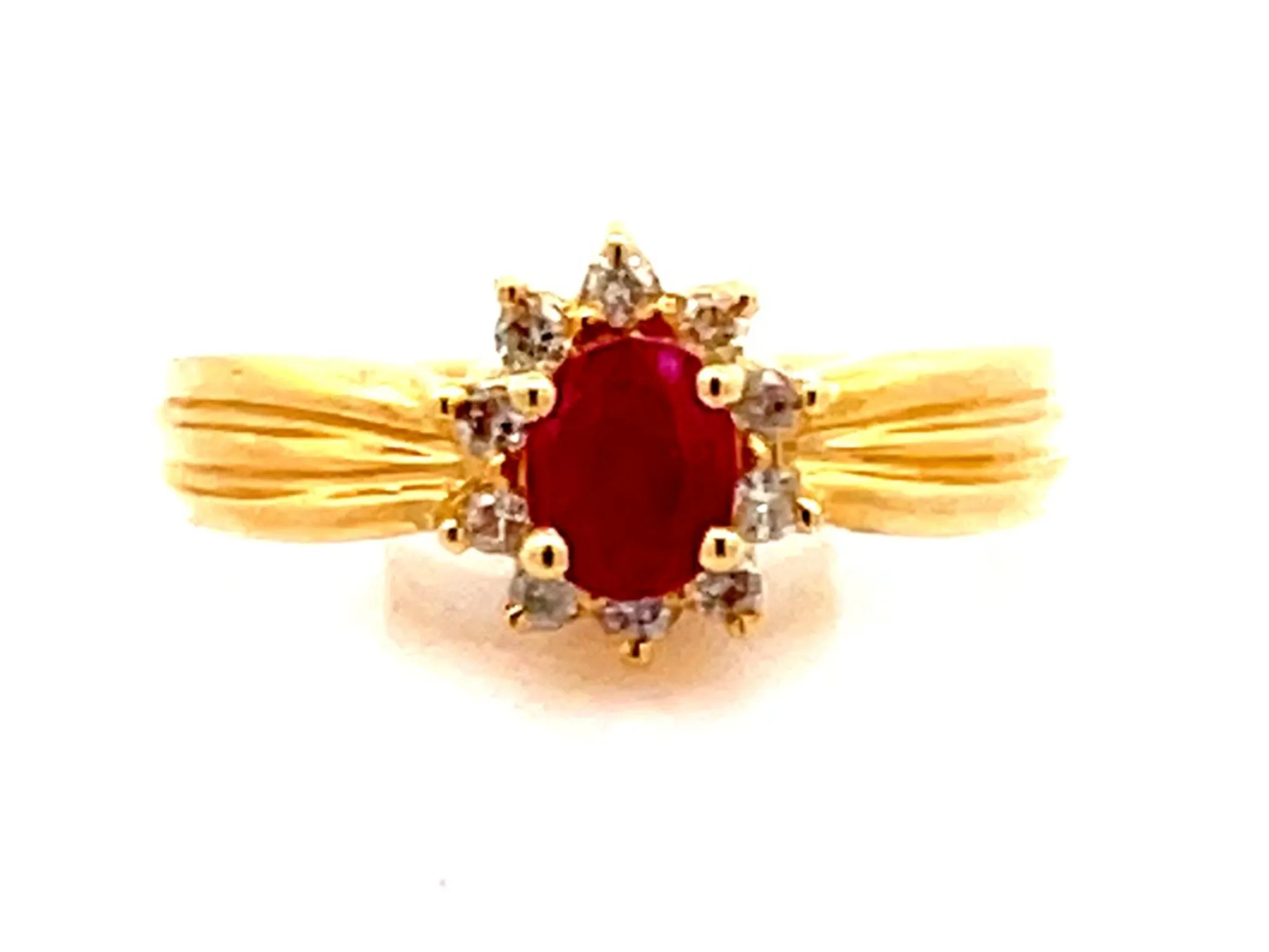 Vintage Ruby and Diamond Flower Ring in 14k Yellow Gold