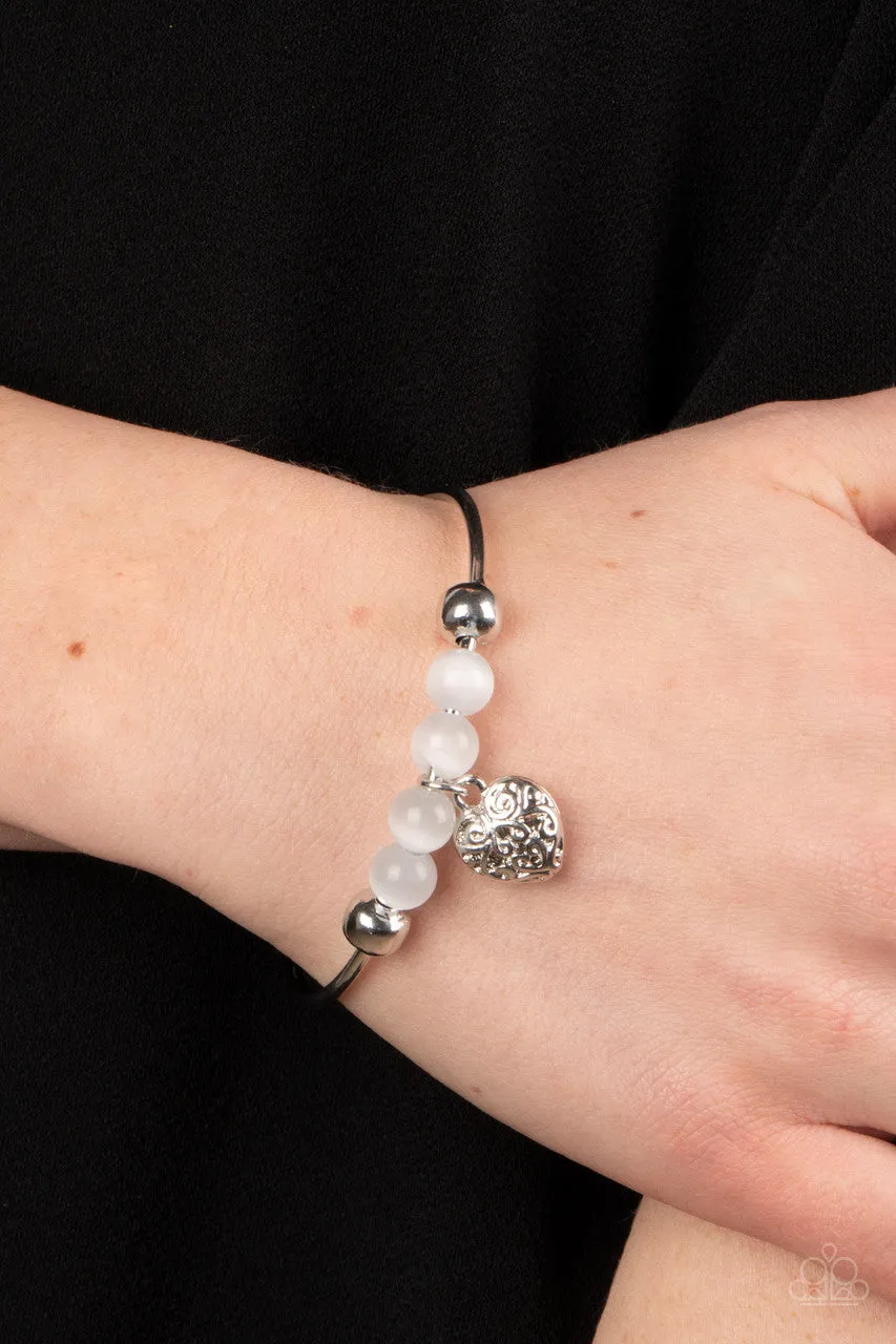 Vintage Vows - White - Cat's Eye Stone Silver Heart Paparazzi Bangle Bracelet