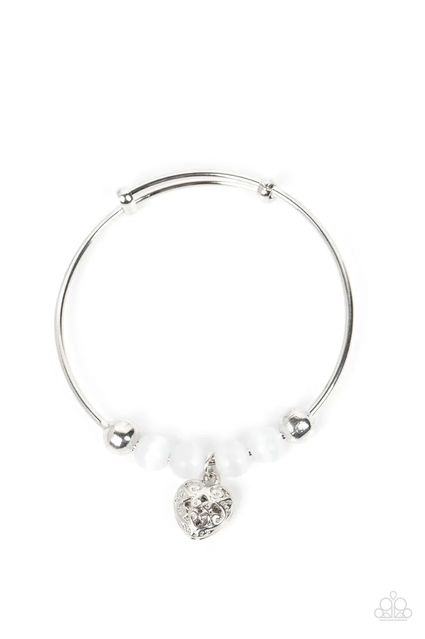 Vintage Vows - White - Cat's Eye Stone Silver Heart Paparazzi Bangle Bracelet