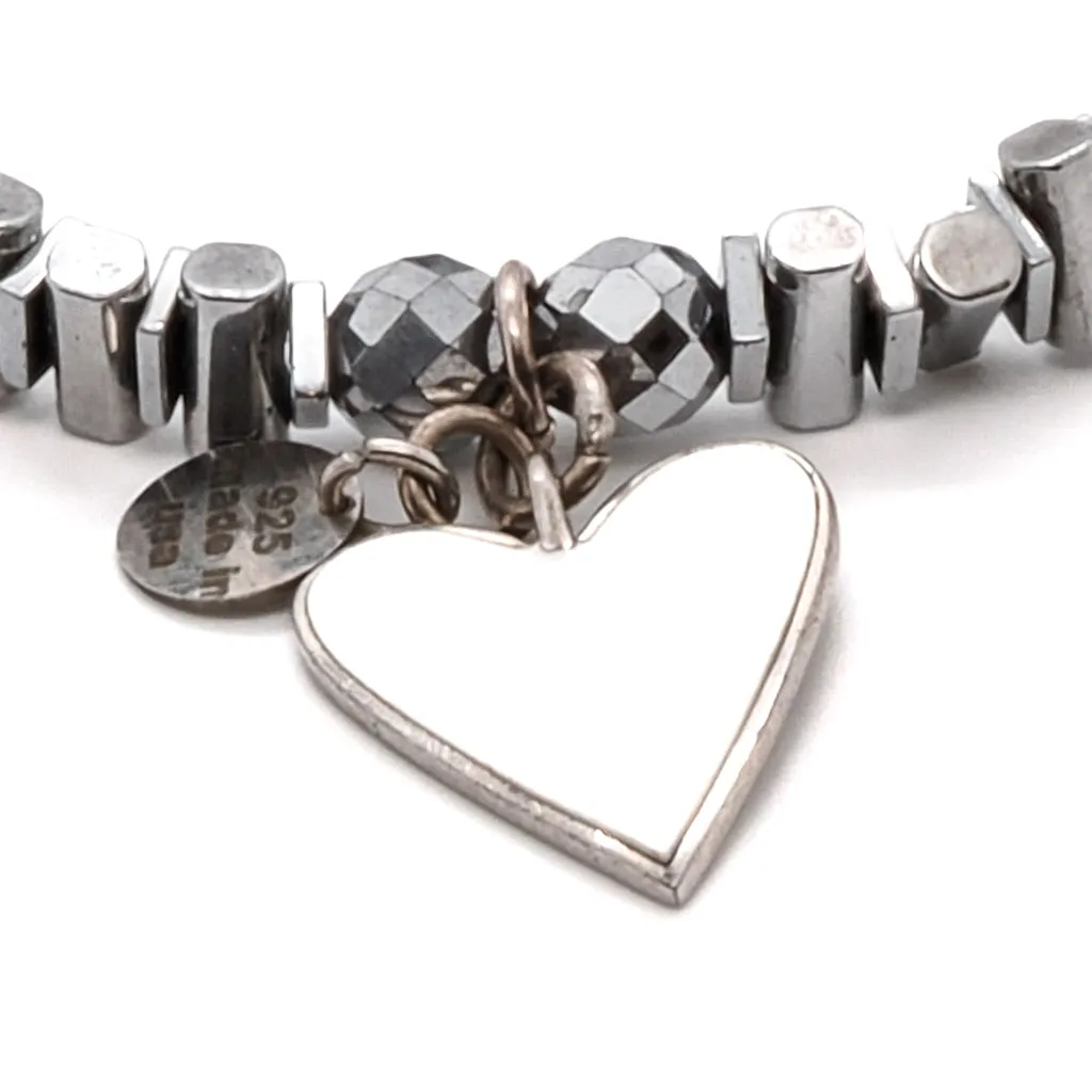 White Heart & Silver Hematite Stone Beaded Bracelet