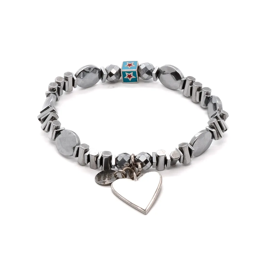 White Heart & Silver Hematite Stone Beaded Bracelet
