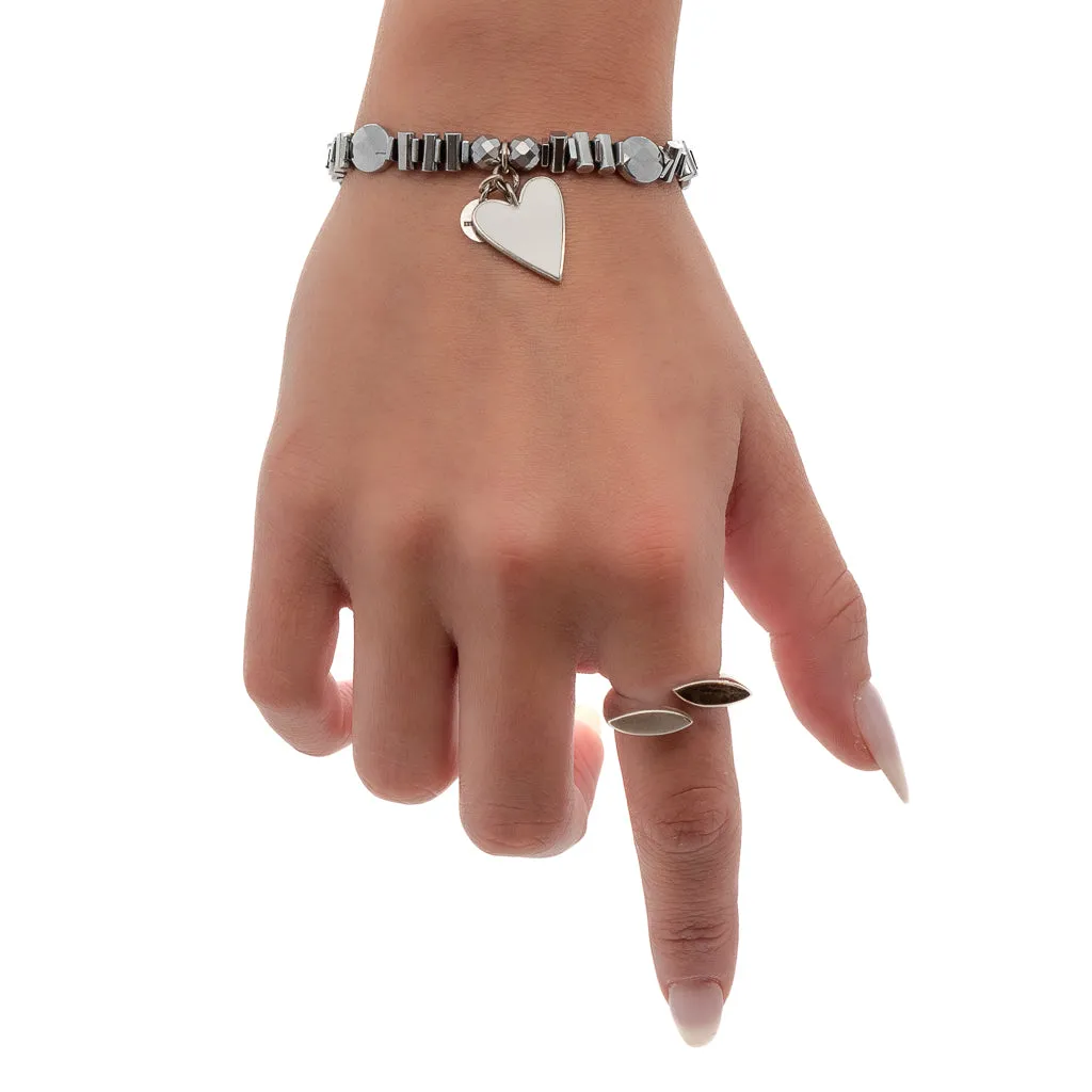 White Heart & Silver Hematite Stone Beaded Bracelet
