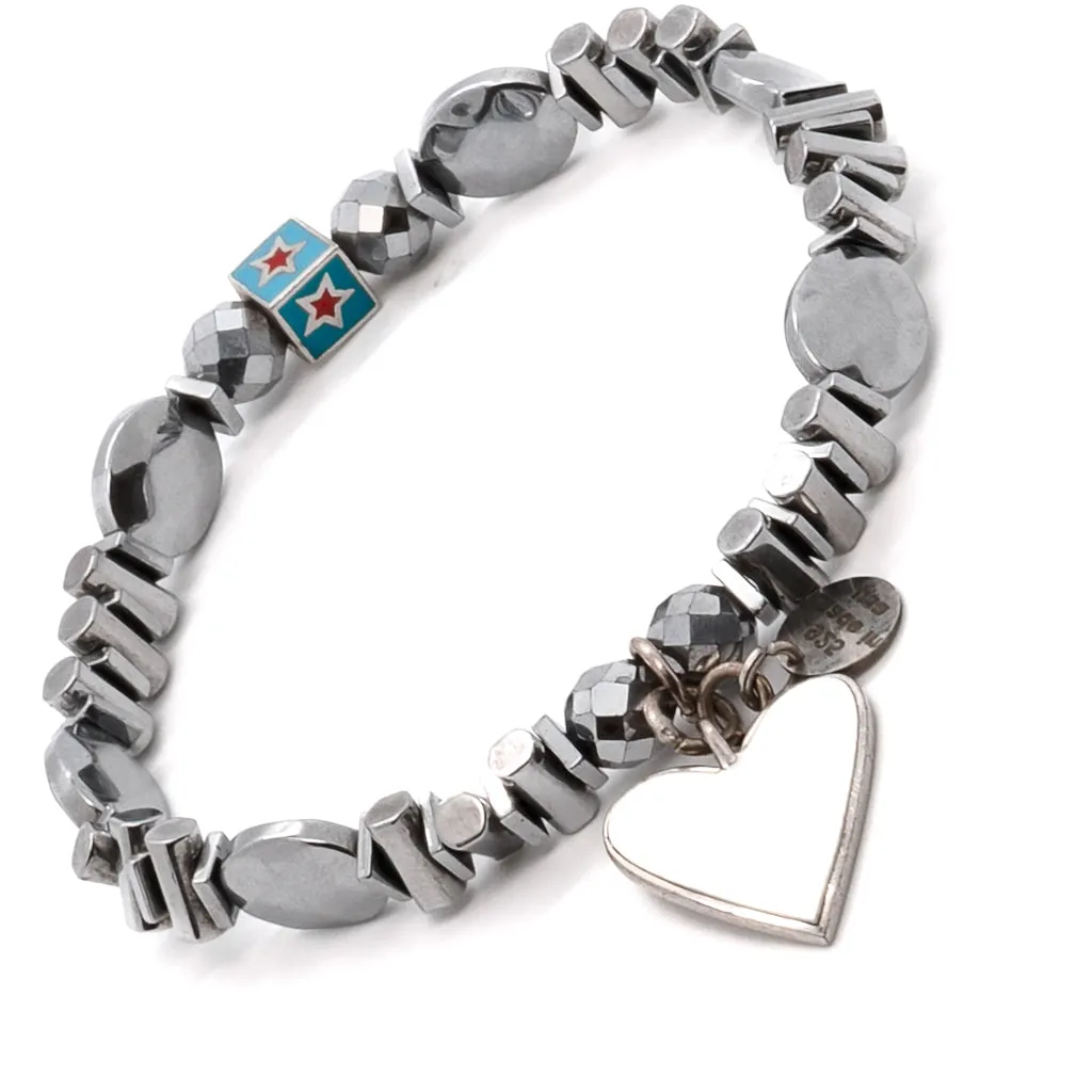 White Heart & Silver Hematite Stone Beaded Bracelet