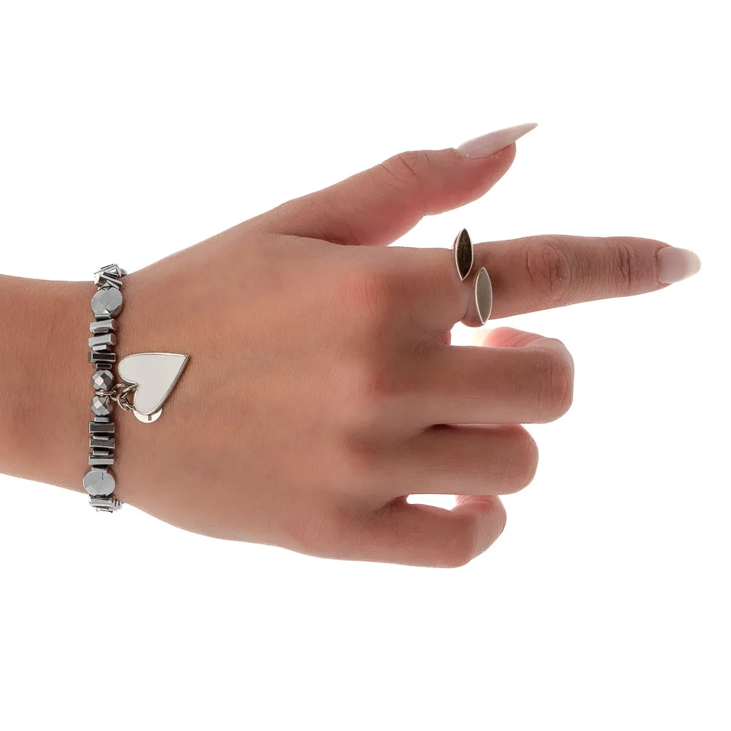 White Heart & Silver Hematite Stone Beaded Bracelet