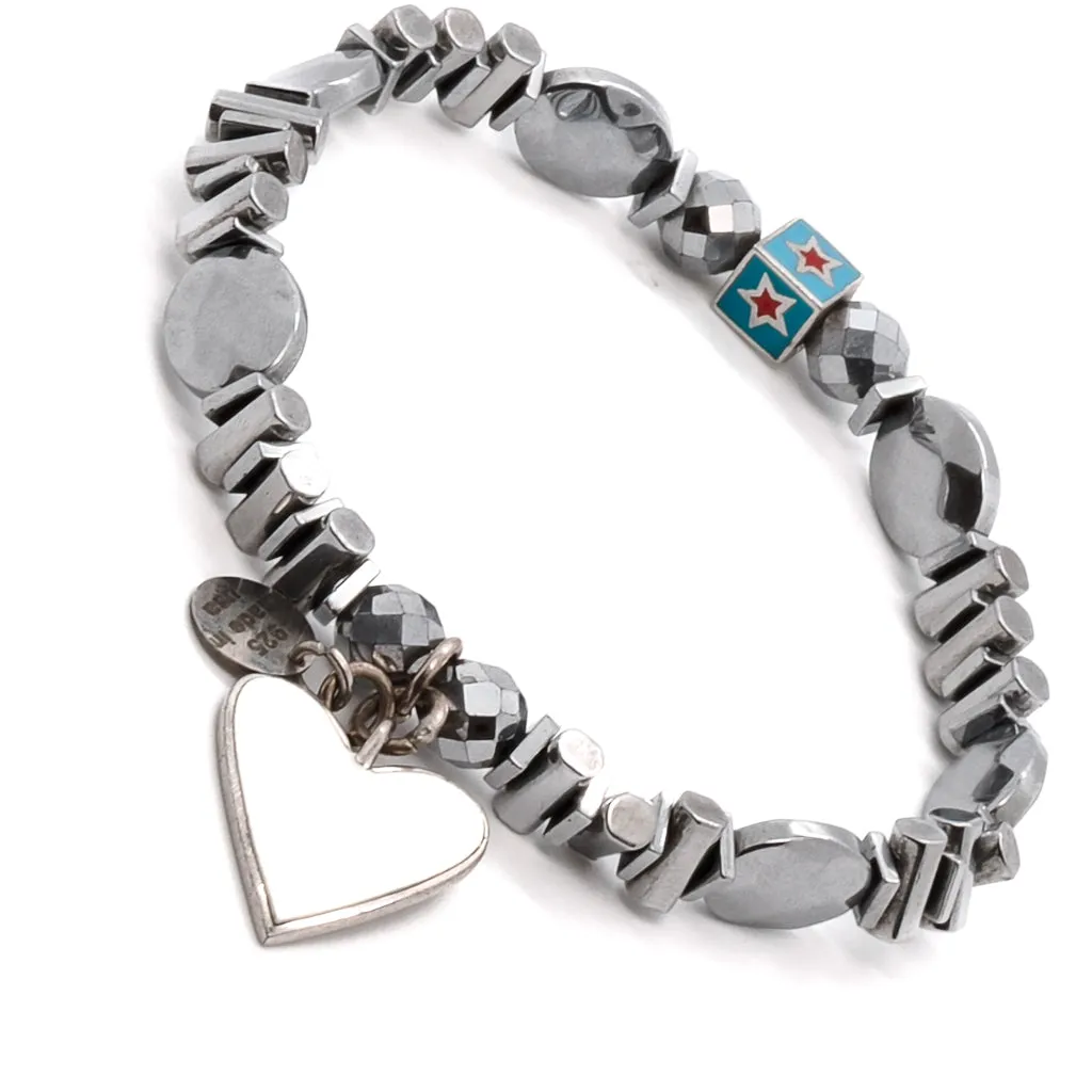 White Heart & Silver Hematite Stone Beaded Bracelet