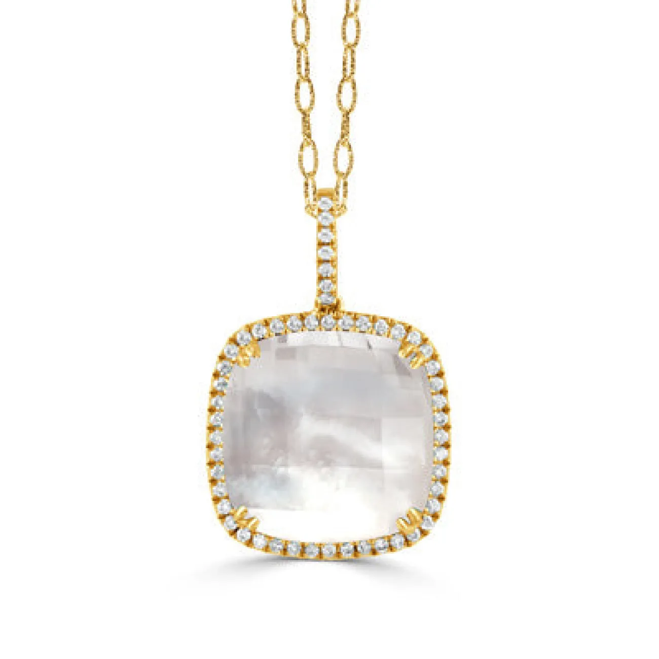 White Orchid 18K Yellow Gold Quartz Over Mother of Pearl Diamond Drop Pendant Necklace