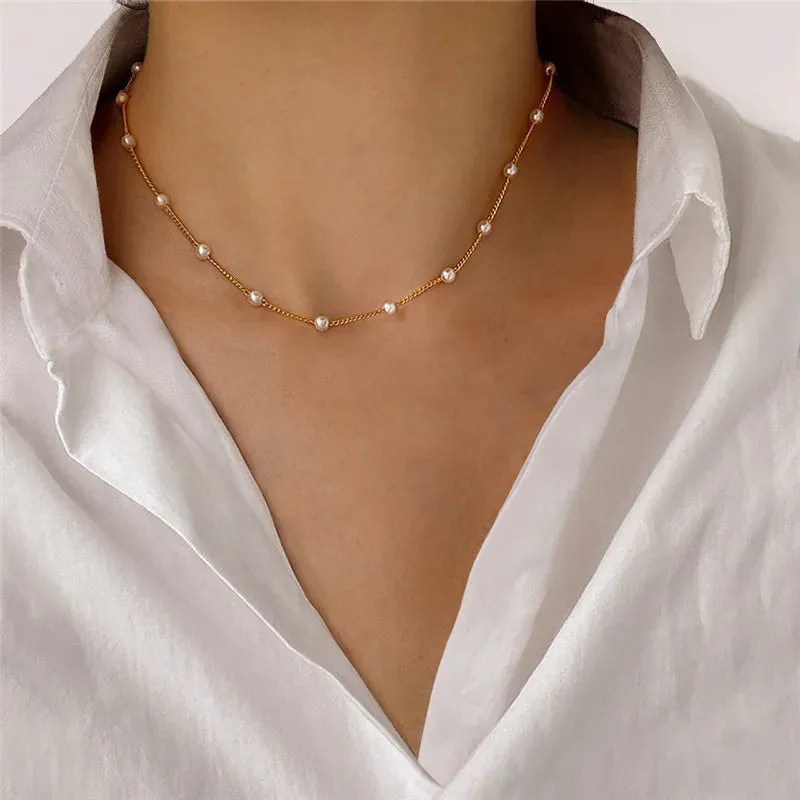 Women Choker Necklace Double Layer Beads Necklace Gift for Friend Silver Color Geometric Necklace Wholesale Collar Jewelry