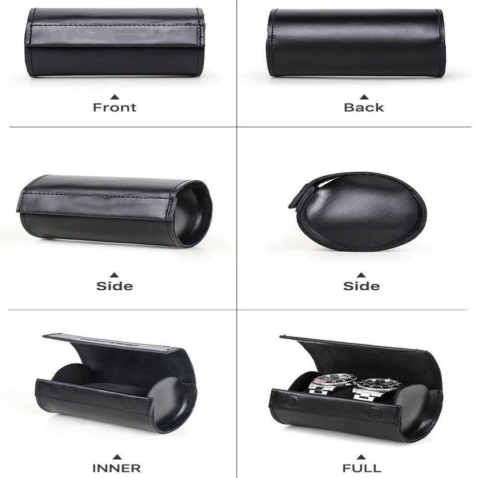 Woosir Leather Black Watch Roll Case for 2 Watches