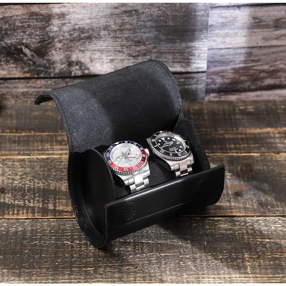 Woosir Leather Black Watch Roll Case for 2 Watches