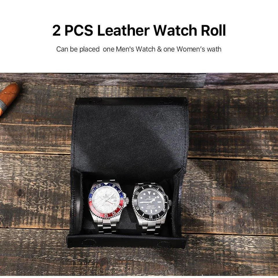 Woosir Leather Black Watch Roll Case for 2 Watches