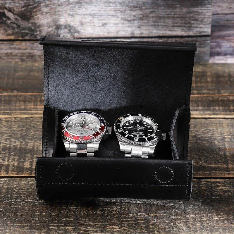 Woosir Leather Black Watch Roll Case for 2 Watches