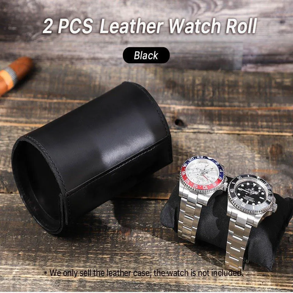 Woosir Leather Black Watch Roll Case for 2 Watches