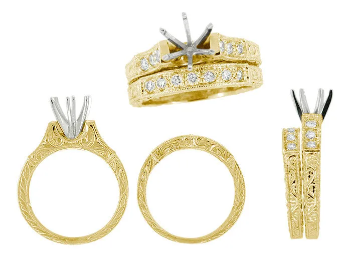 Yellow Gold Art Deco Engraved Scrolls Round 1 Carat Diamond Engagement Ring Setting and Matching Wedding Ring - 14K or 18K