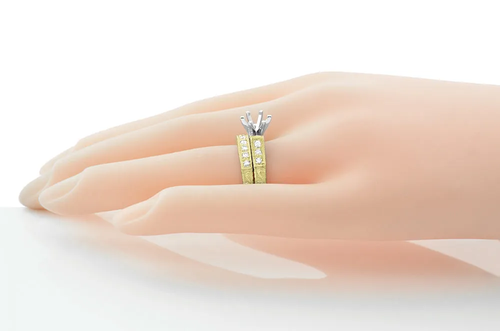 Yellow Gold Art Deco Engraved Scrolls Round 1 Carat Diamond Engagement Ring Setting and Matching Wedding Ring - 14K or 18K
