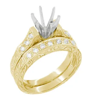 Yellow Gold Art Deco Engraved Scrolls Round 1 Carat Diamond Engagement Ring Setting and Matching Wedding Ring - 14K or 18K