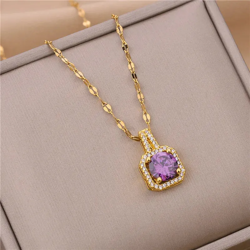 Zircon Crystal Pendant Clavicle Chain Necklace For Women Stainless Steel Jewelry Female Wedding Party Accessorie