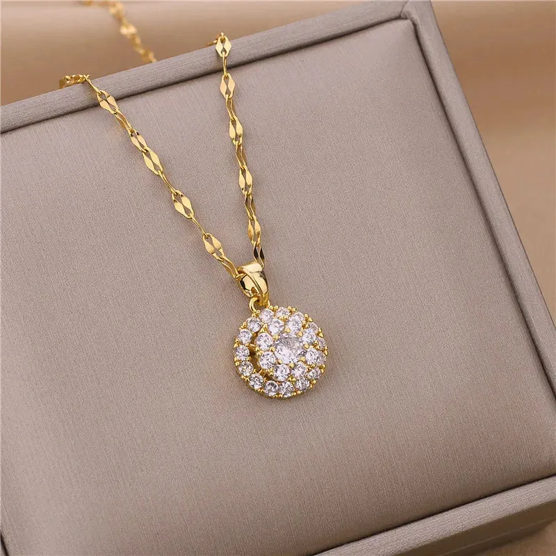 Zircon Crystal Pendant Clavicle Chain Necklace For Women Stainless Steel Jewelry Female Wedding Party Accessorie