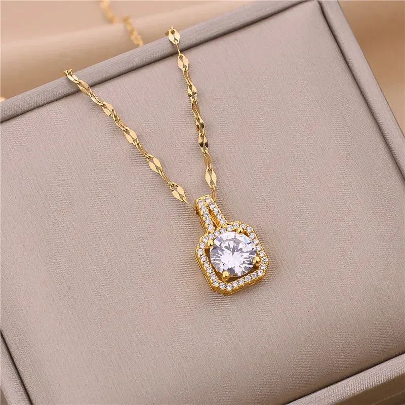 Zircon Crystal Pendant Clavicle Chain Necklace For Women Stainless Steel Jewelry Female Wedding Party Accessorie
