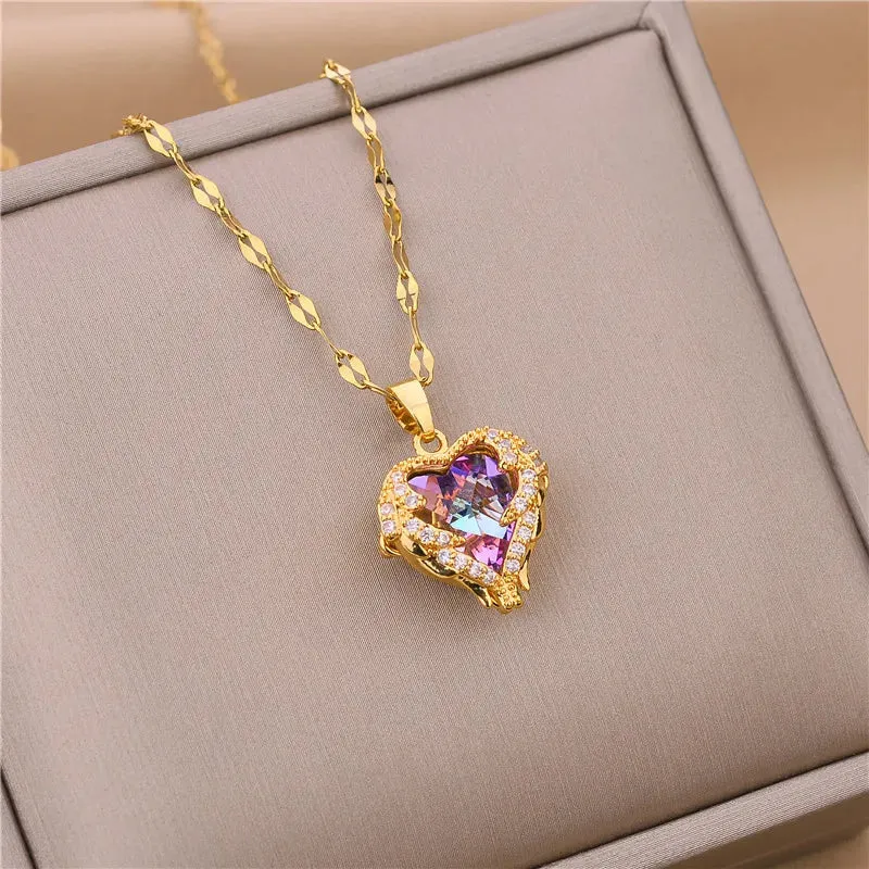 Zircon Crystal Pendant Clavicle Chain Necklace For Women Stainless Steel Jewelry Female Wedding Party Accessorie
