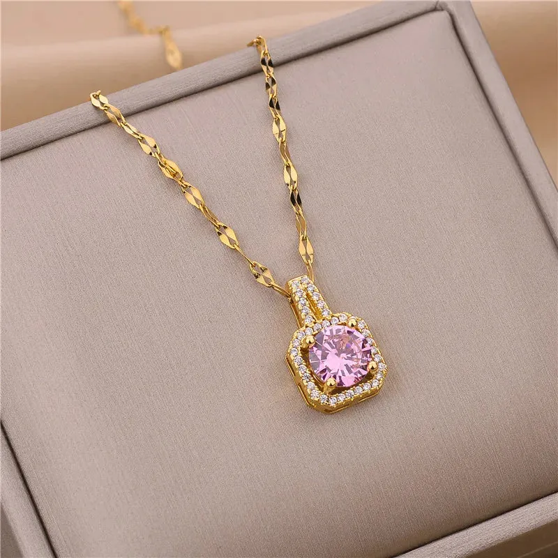 Zircon Crystal Pendant Clavicle Chain Necklace For Women Stainless Steel Jewelry Female Wedding Party Accessorie