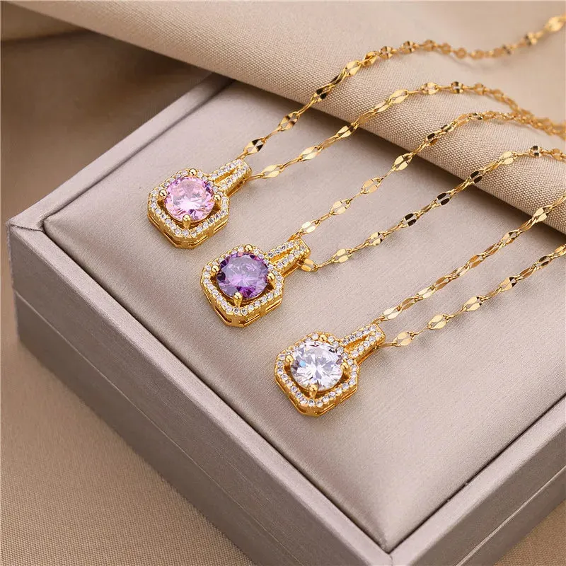 Zircon Crystal Pendant Clavicle Chain Necklace For Women Stainless Steel Jewelry Female Wedding Party Accessorie