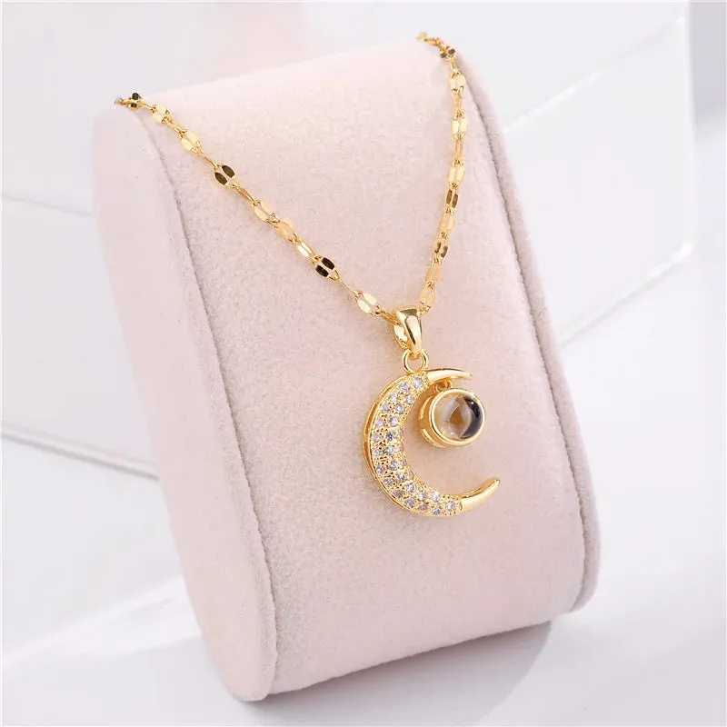 Zircon Crystal Pendant Clavicle Chain Necklace For Women Stainless Steel Jewelry Female Wedding Party Accessorie