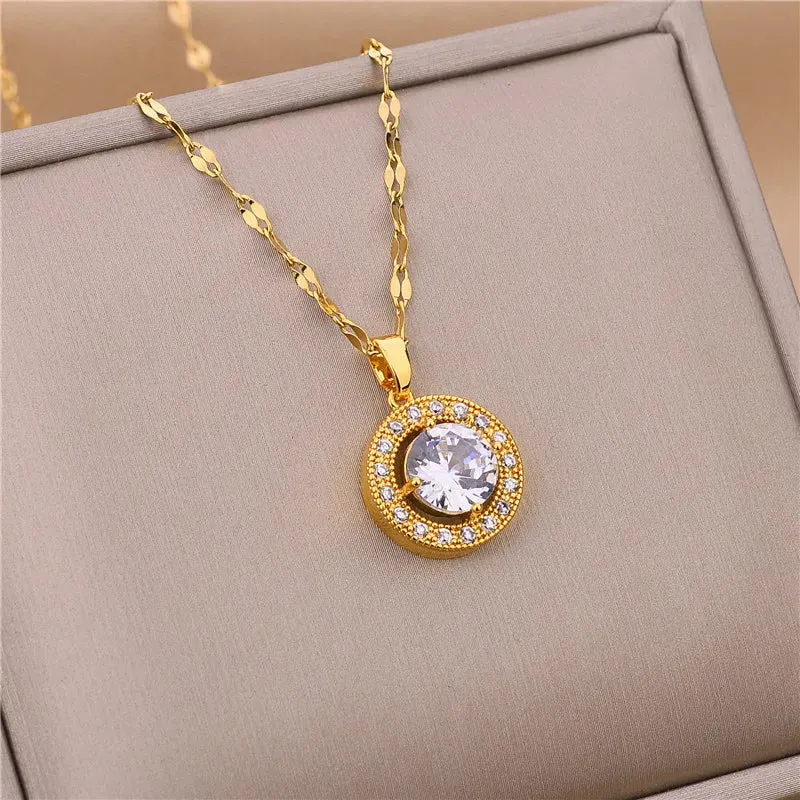 Zircon Crystal Pendant Clavicle Chain Necklace For Women Stainless Steel Jewelry Female Wedding Party Accessorie